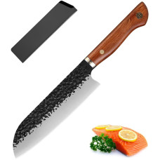 Кований ніж Сантоку (Santoku) 17.5 см ручної роботи з ергономічною дерев'яною рукояттю та чохлом (FSKHWS-31)