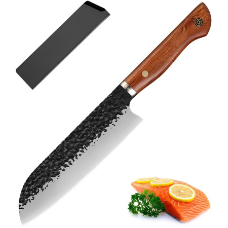 Кований ніж Сантоку (Santoku) 17.5 см ручної роботи з ергономічною дерев'яною рукояттю та чохлом (FSKHWS-31)