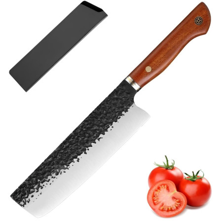 Кований ніж Накірі (Nakiri) 18 см ручної роботи з ергономічною дерев'яною рукояттю та чохлом (FKNHWC-32)