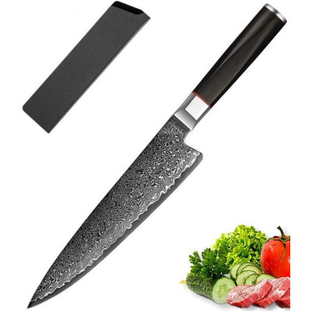 Кований шеф-ніж (Chef Knife) 20 см 67 шарів дамаської сталі VG-10 ручної роботи з чохлом (FCKDSS-37)