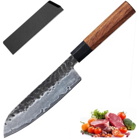 Кухарський ніж Сантоку (Santoku) 18 см японський кований ніж ручної роботи з 3-шарової сталі з чохлом (SKS-41)